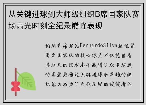 从关键进球到大师级组织B席国家队赛场高光时刻全纪录巅峰表现 从关键进球到大师级组织B席国家队赛场高光时刻全纪录巅峰表现